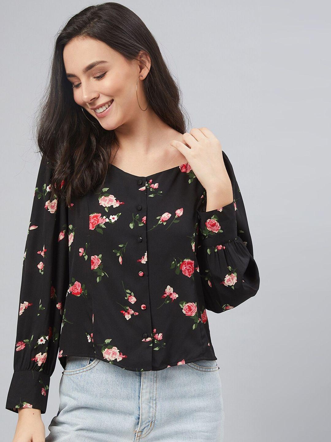 rare women black & pink floral printed shirt style top