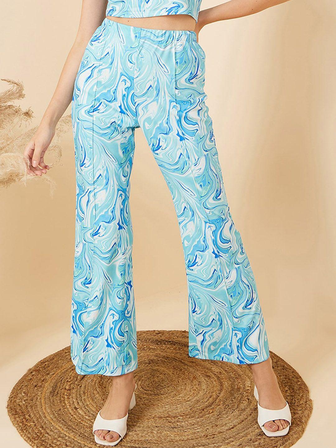 rare women blue abstract printed high-rise plain bootcut trousers
