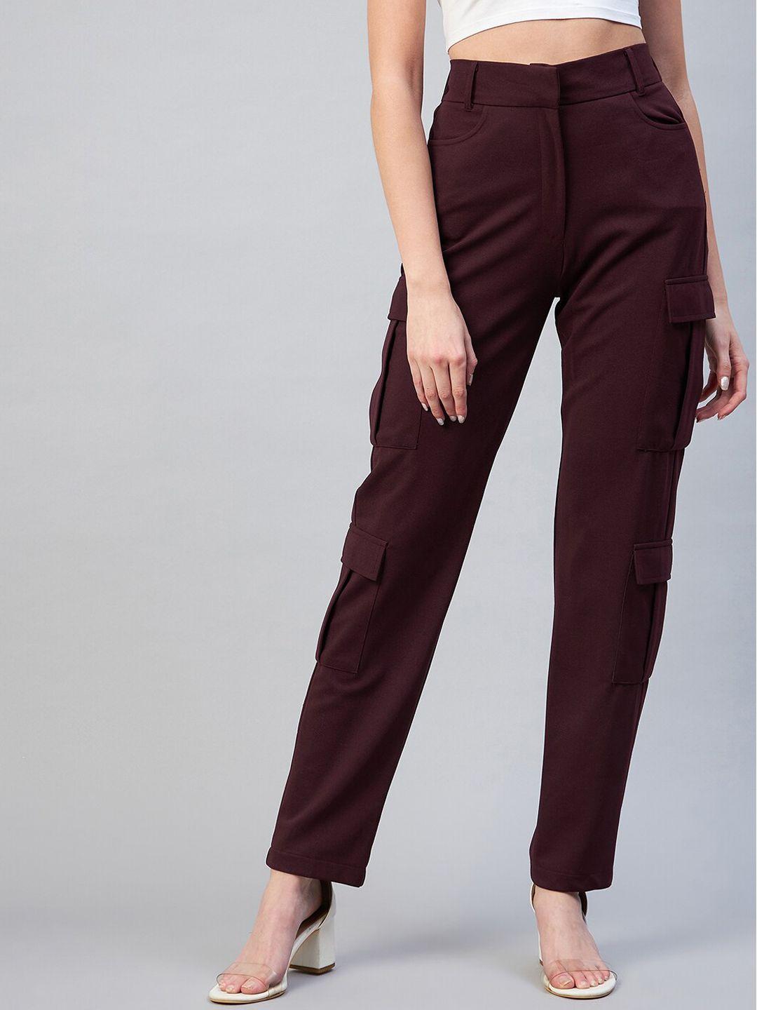 rare women burgundy high-rise cargos trousers