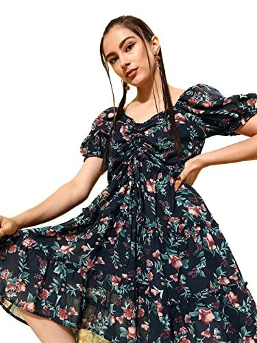 rare women casual navy print colour knee length floral dress