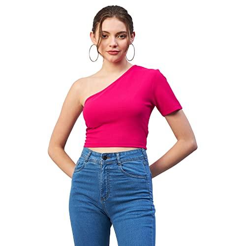 rare women casual pink colour one shoulder solid fitted top