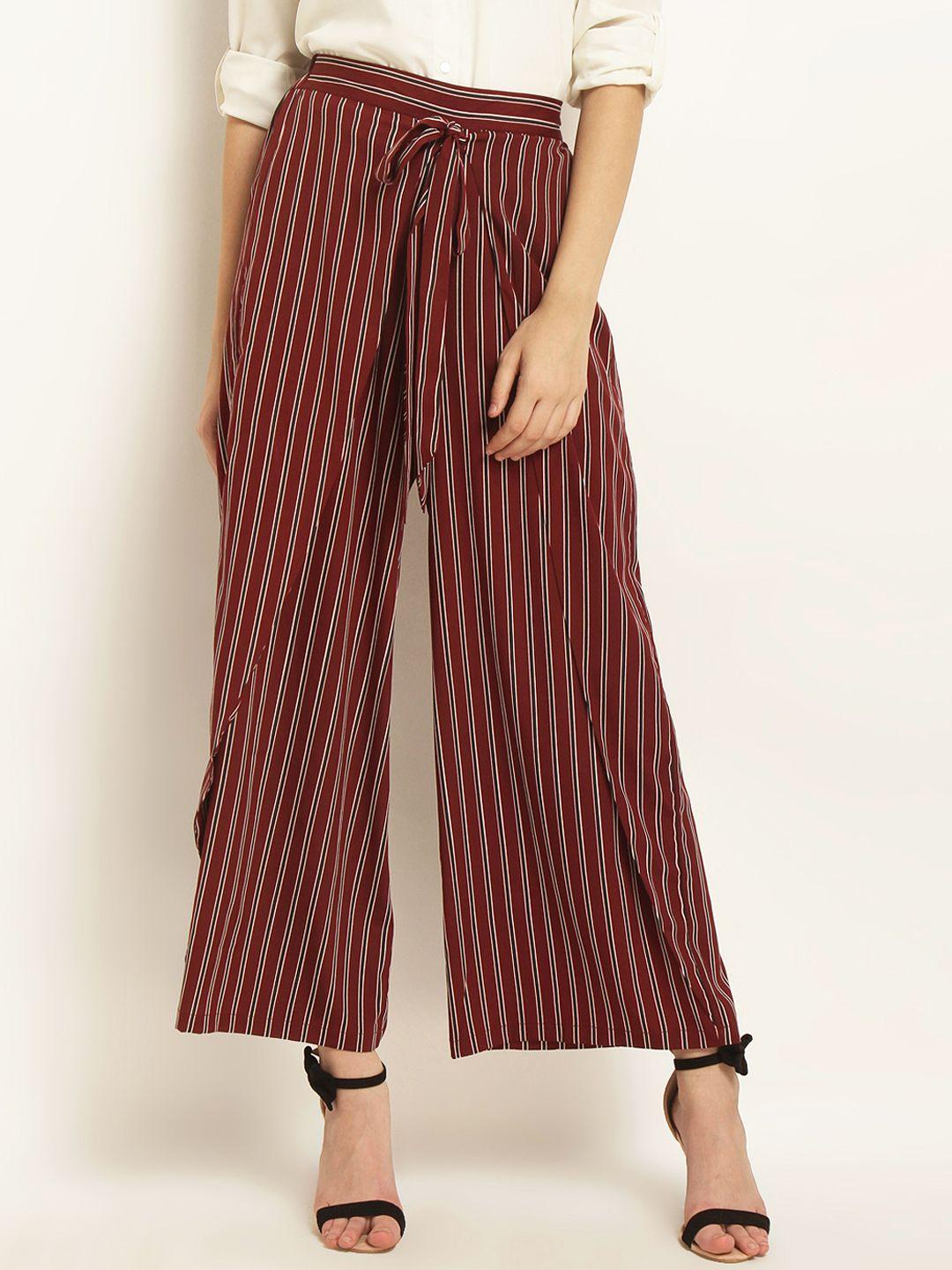 rare women maroon & white regular fit striped parallel trousers