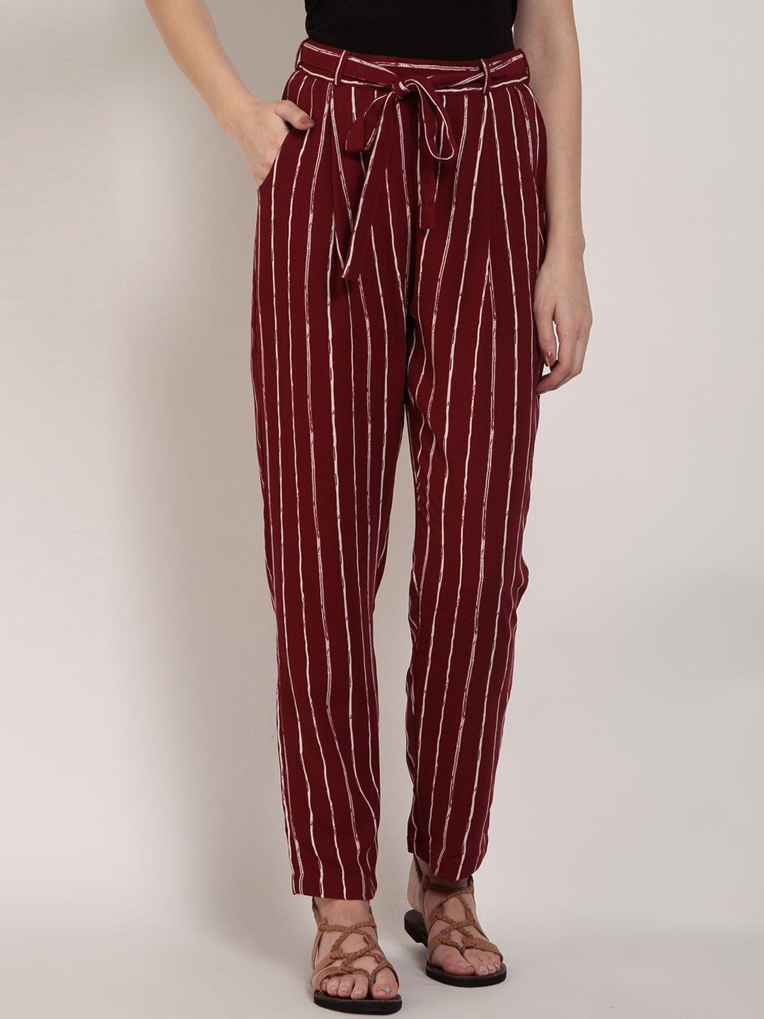 rare women maroon & white regular fit striped trousers