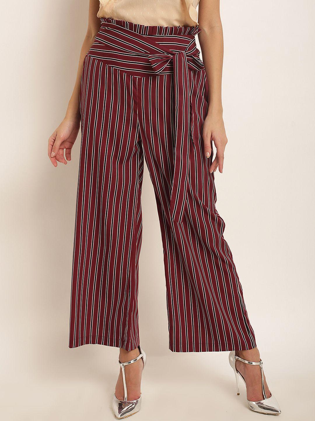 rare women maroon original regular fit striped parallel trousers