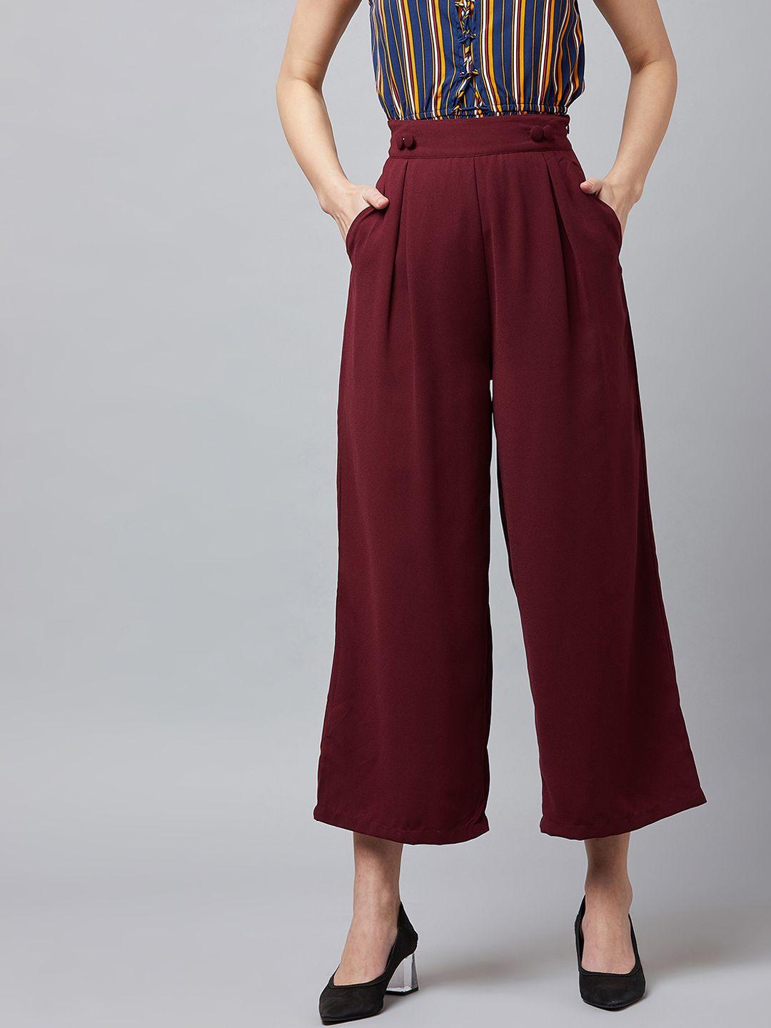 rare women maroon regular fit solid parallel trousers