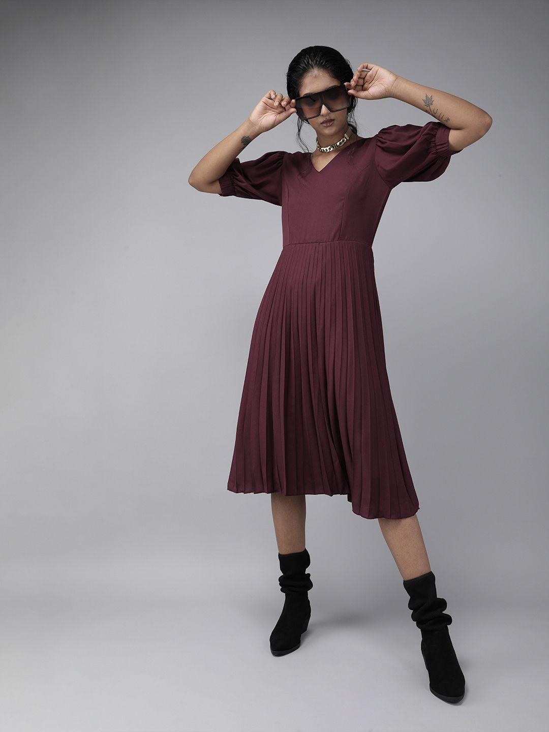 rare women maroon solid accordion pleated fit and flare dress
