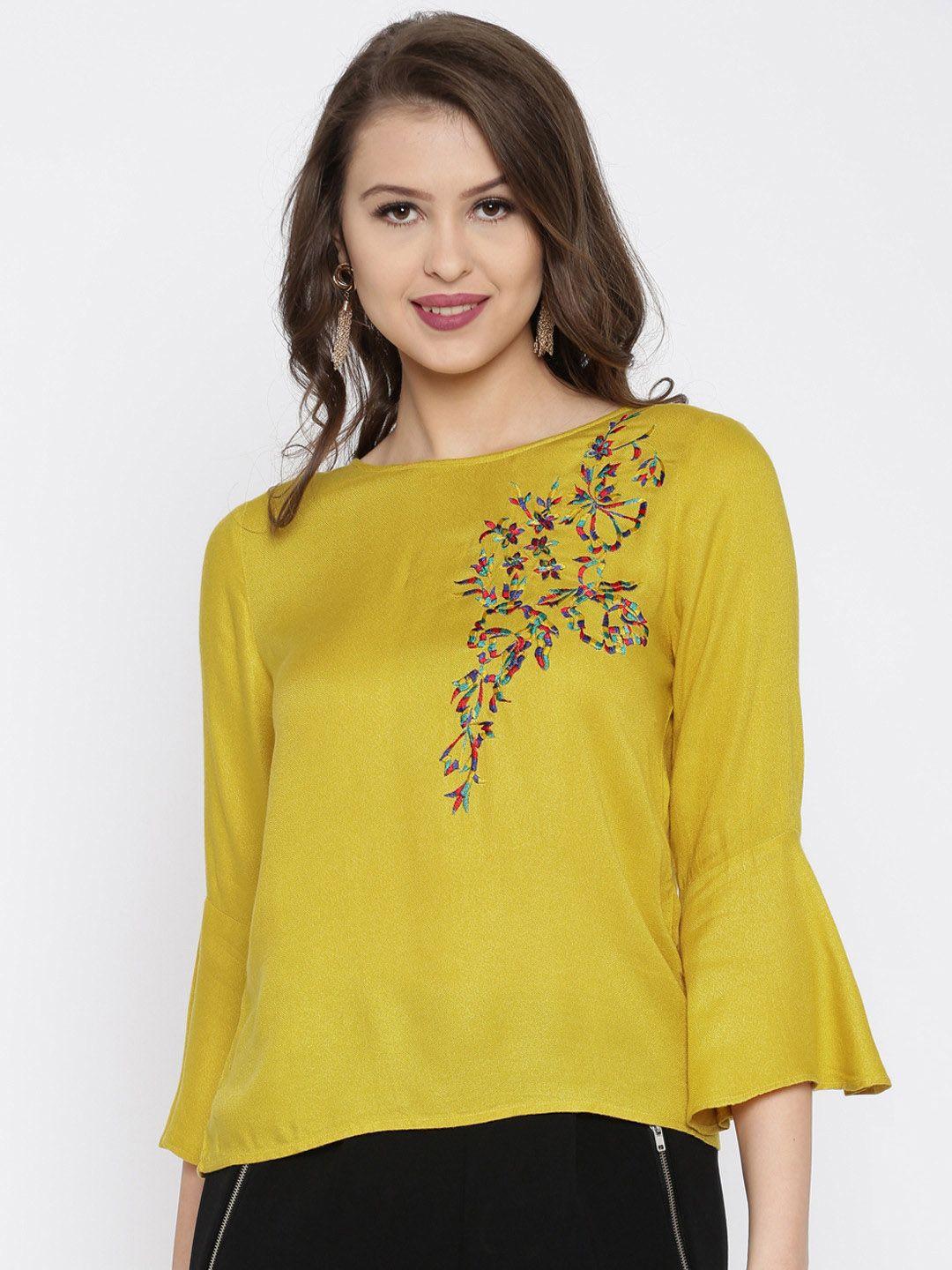 rare women mustard lightweight embroidered top