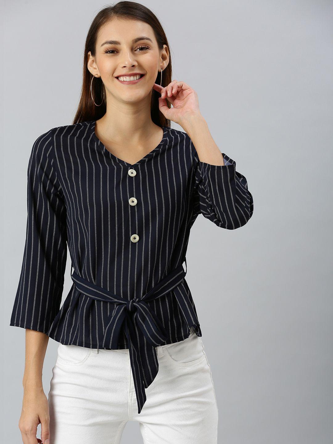 rare women navy blue & white striped top with tie-ups
