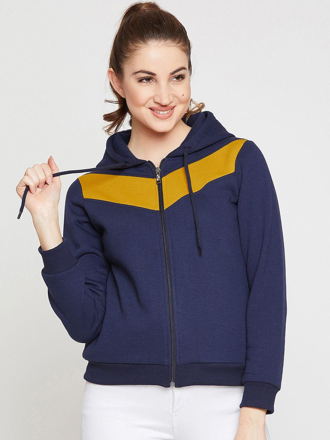 rare women navy blue & yellow colourblocked hooded sweatshirt