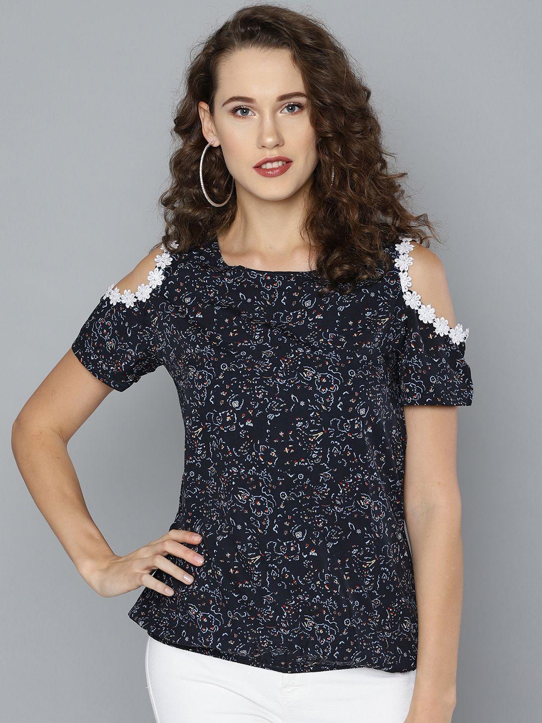 rare women navy blue cold-shoulder printed top