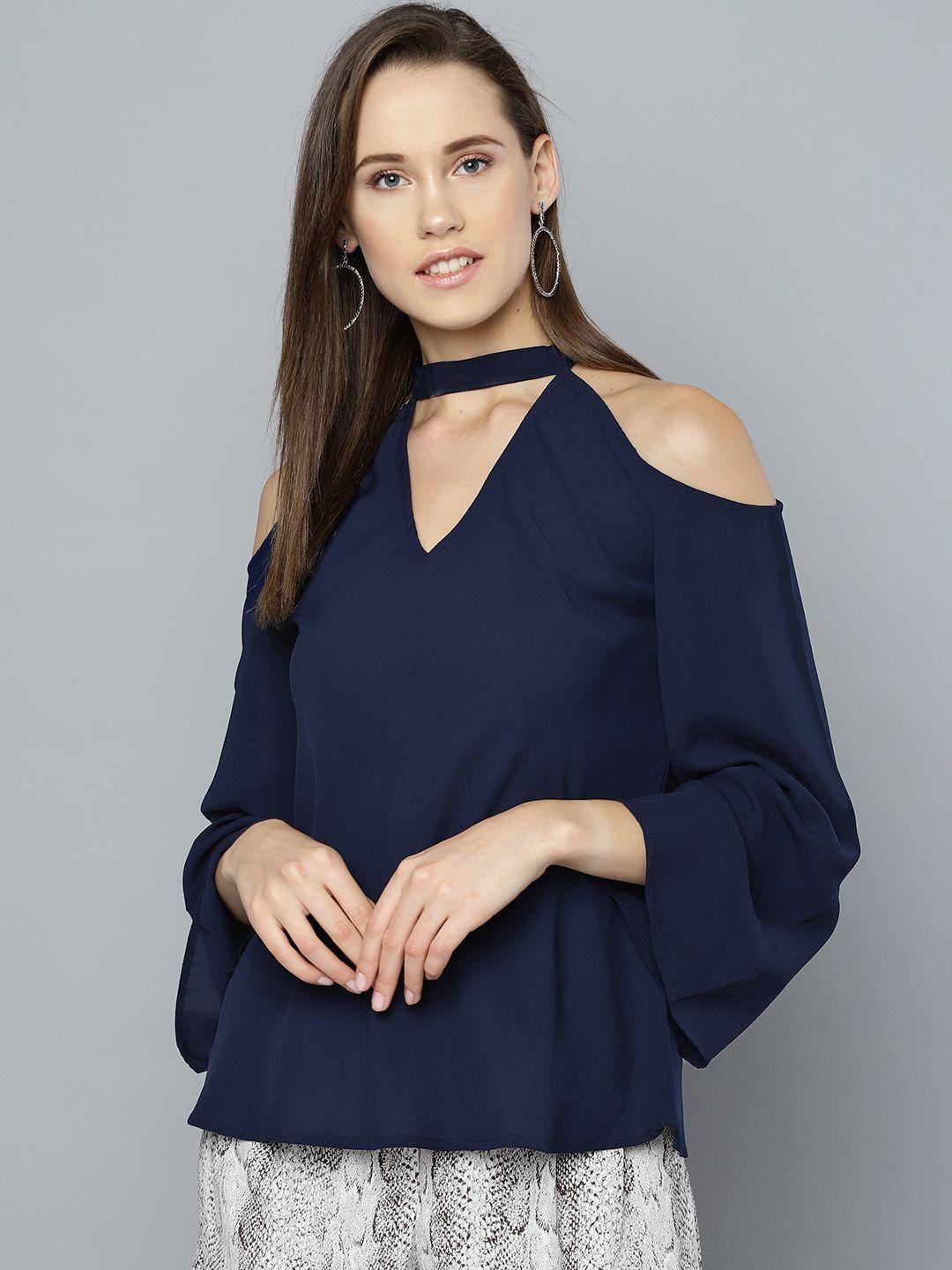 rare women navy blue solid cold-shoulder top