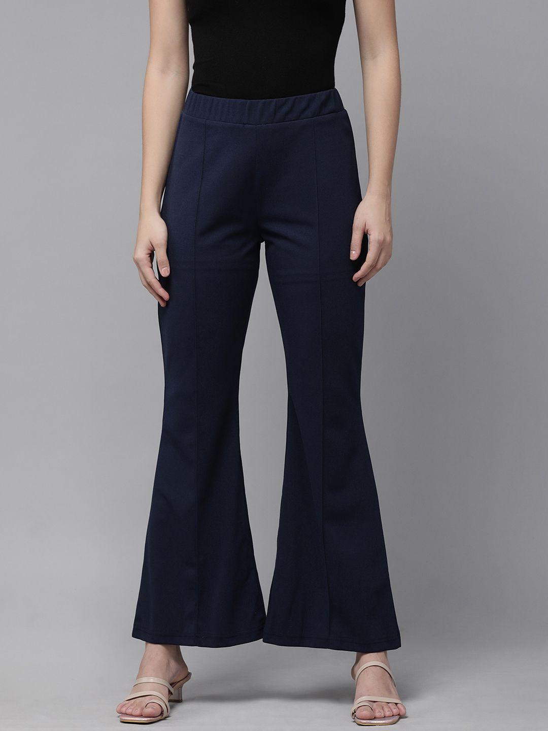 rare women navy blue solid flared trousers