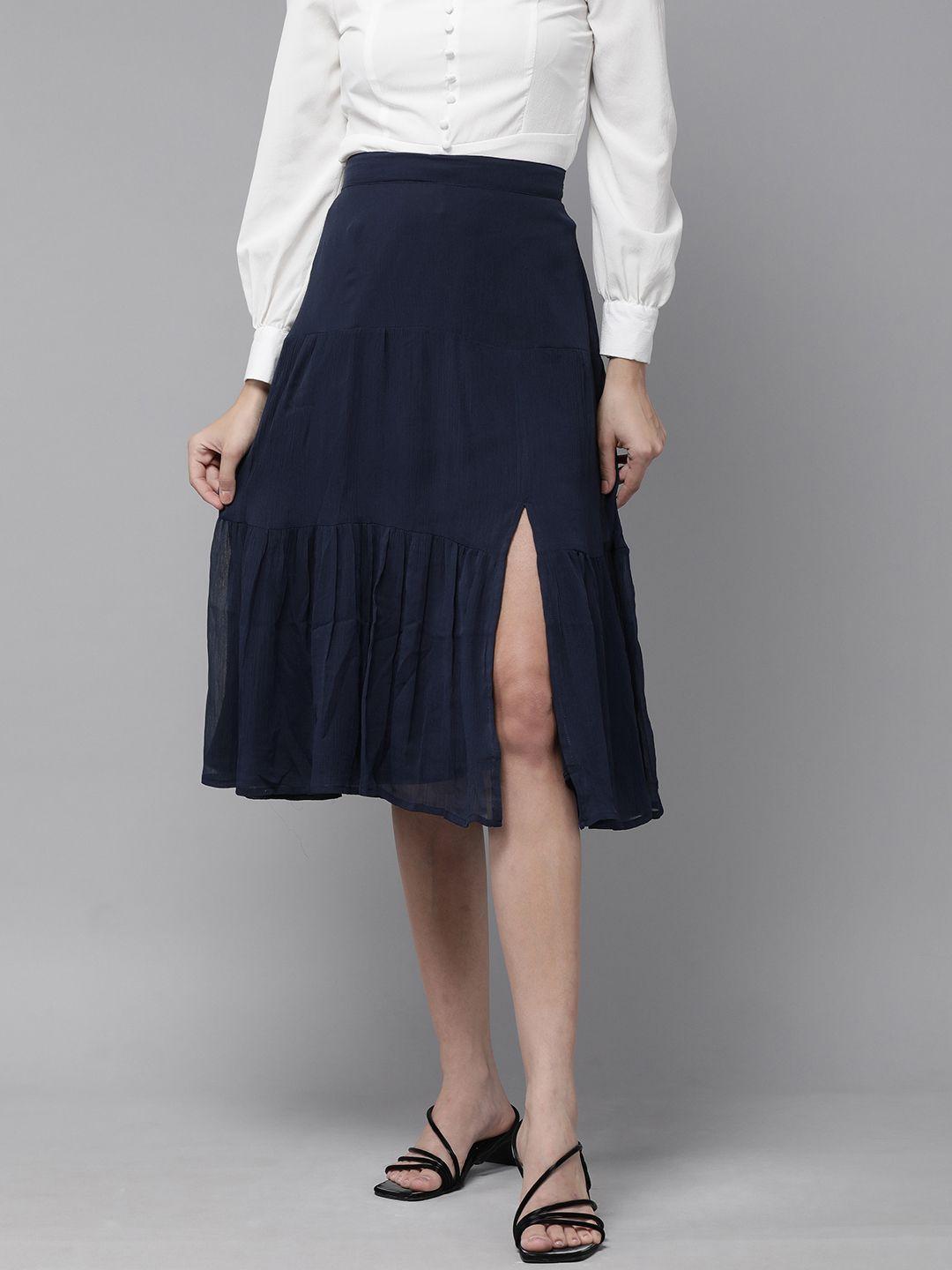 rare women navy-blue solid tiered a-line skirt