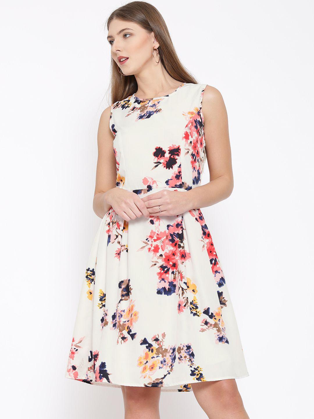 rare women off-white floral print fit & flare dress