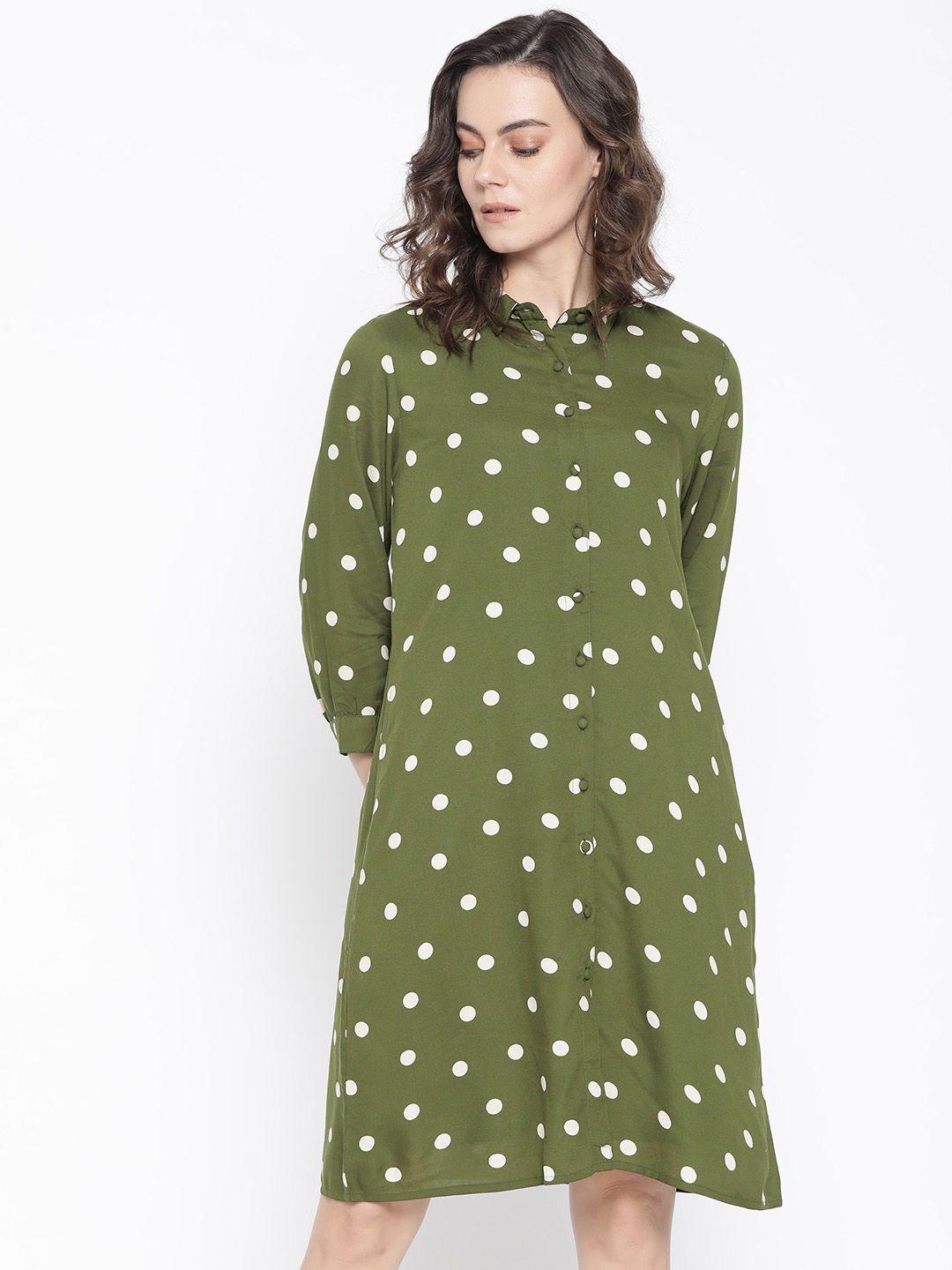 rare women olive green & off-white polka dots shirt dress