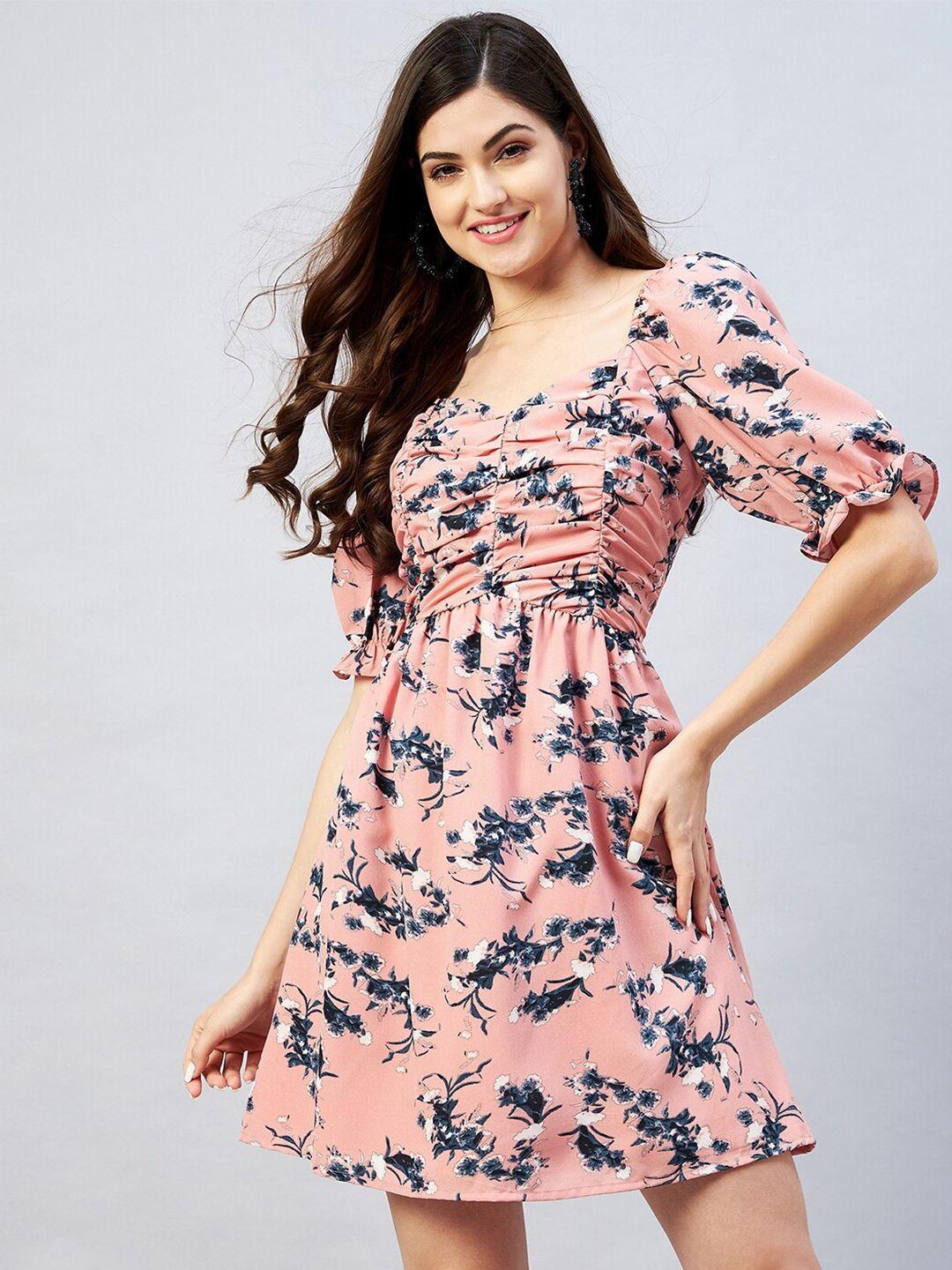 rare women peach & charcoal floral printed crepe dress