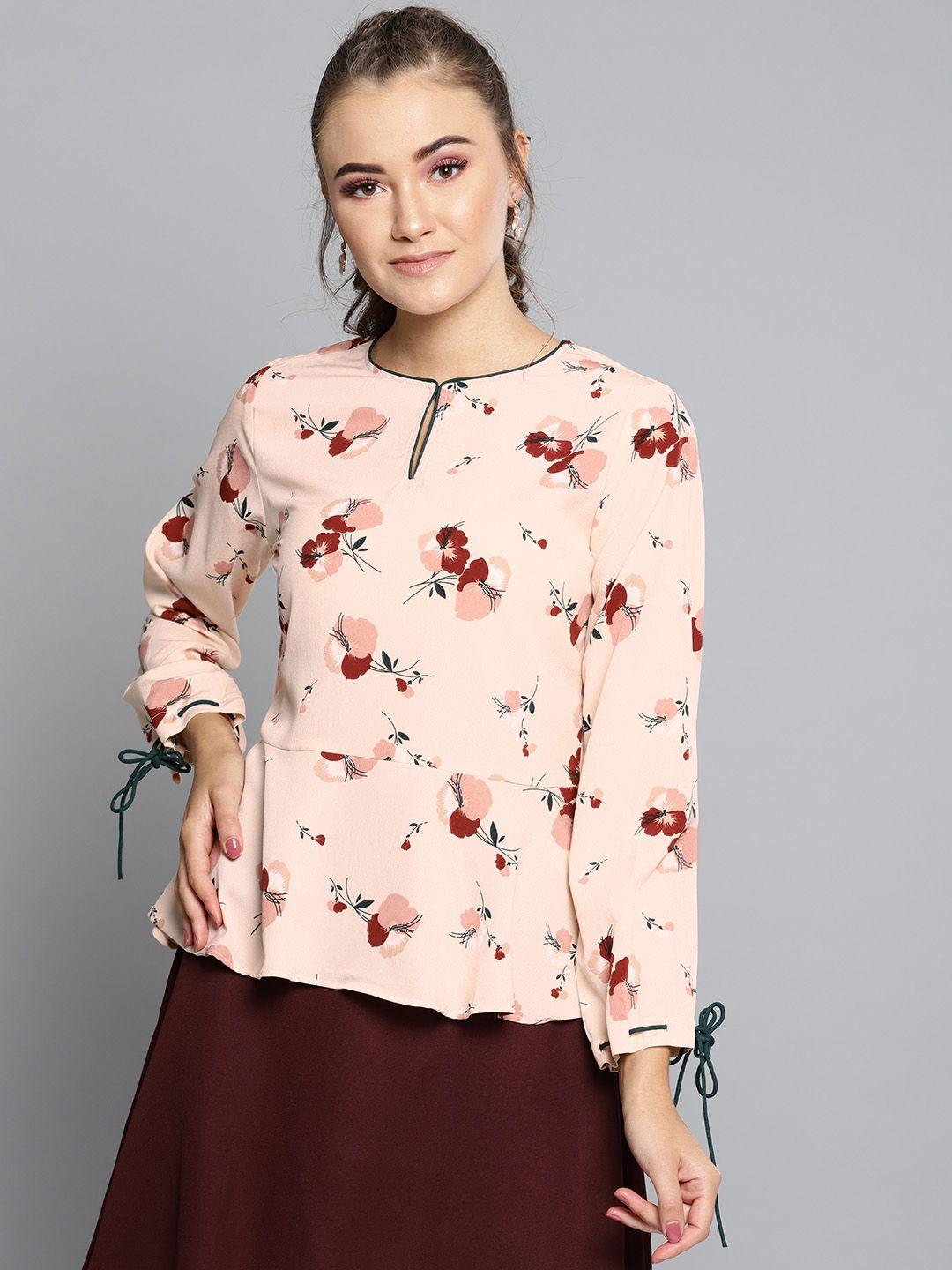 rare women peach-coloured & maroon printed a-line top