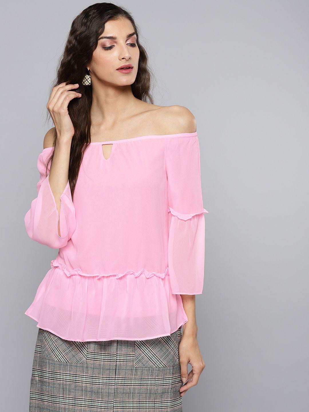 rare women pink solid bardot top