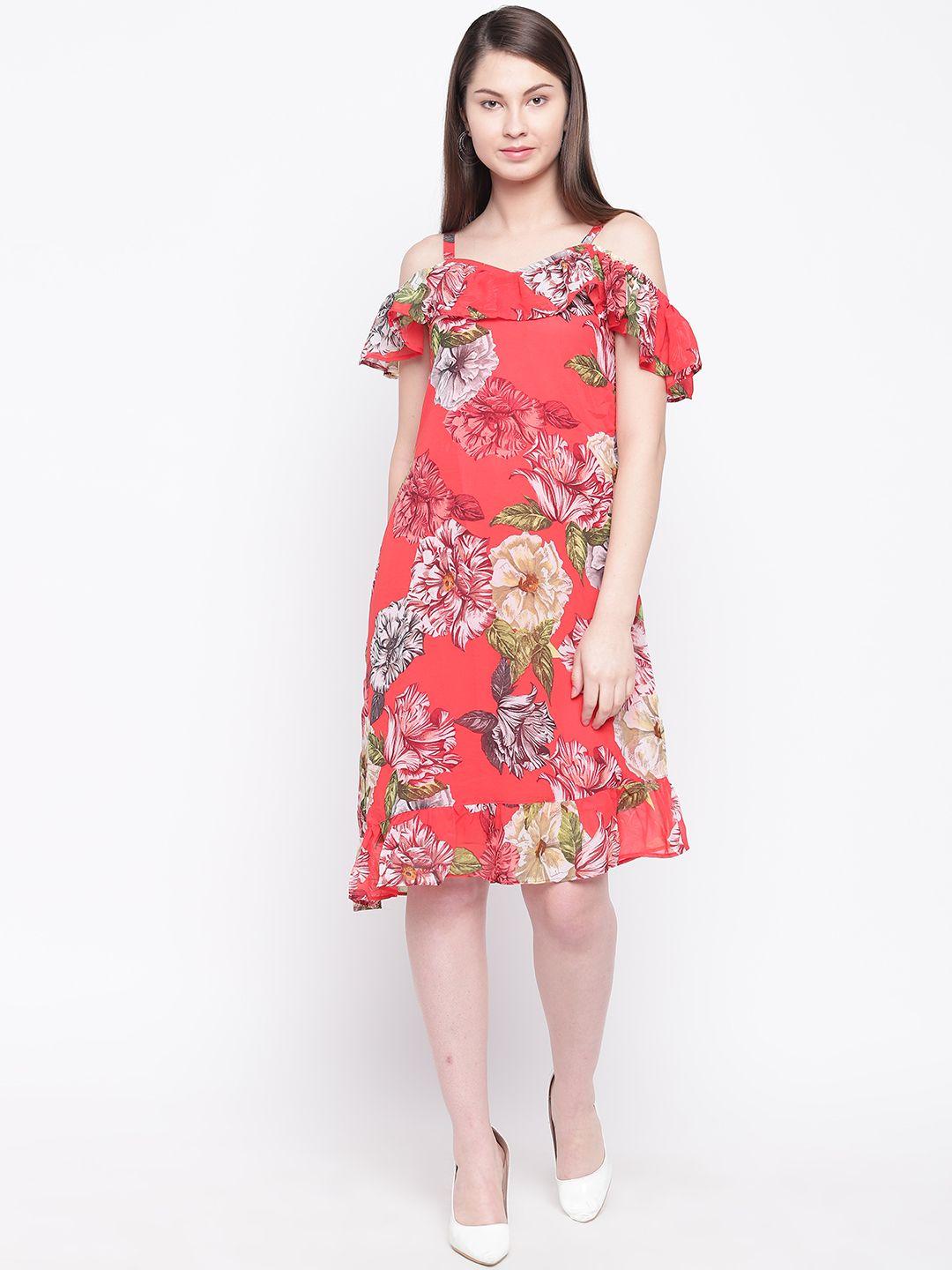 rare women red & green floral printed a-line cold shoulder dress