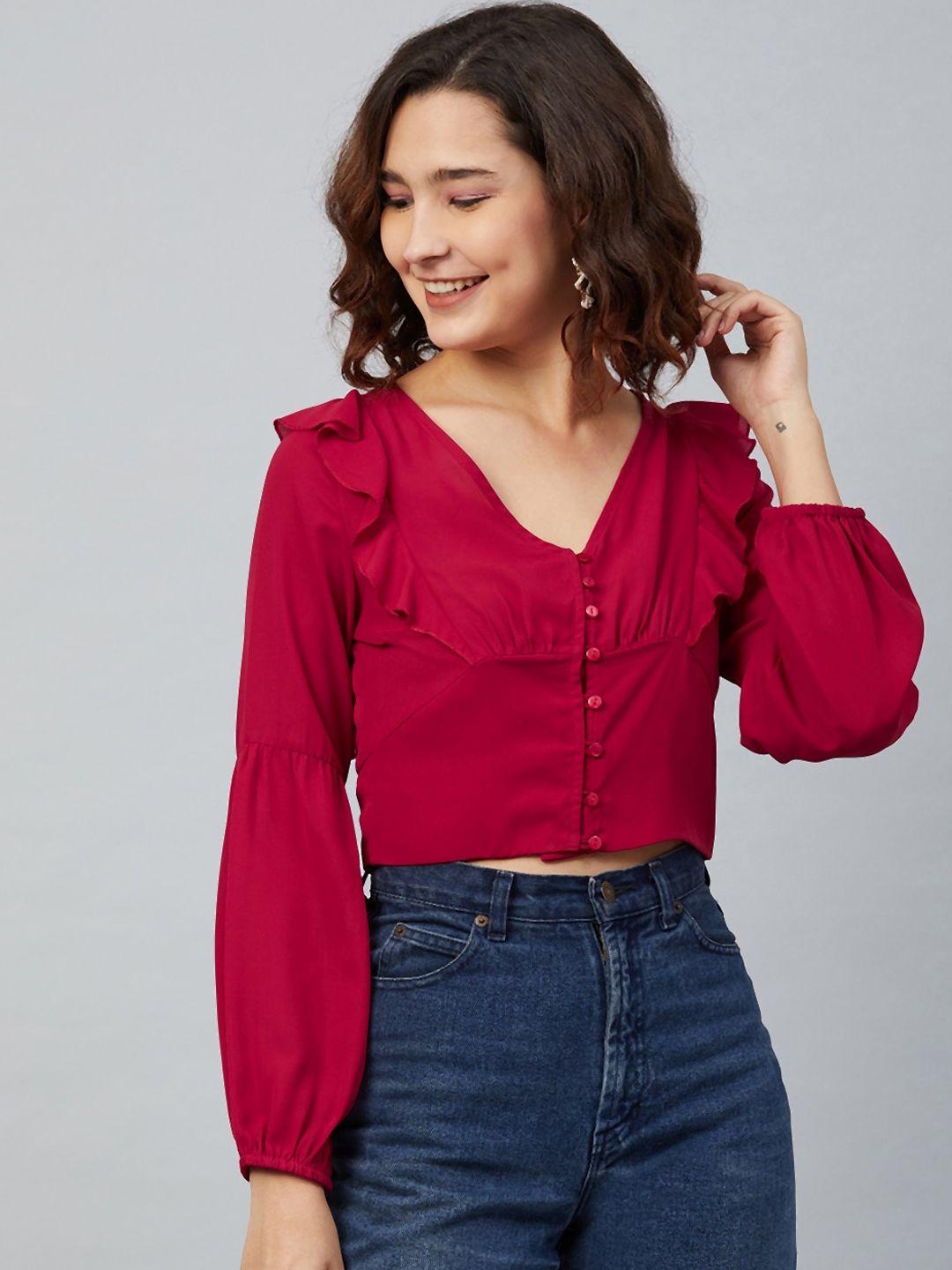 rare women red bishop sleeves crepe regular crop top