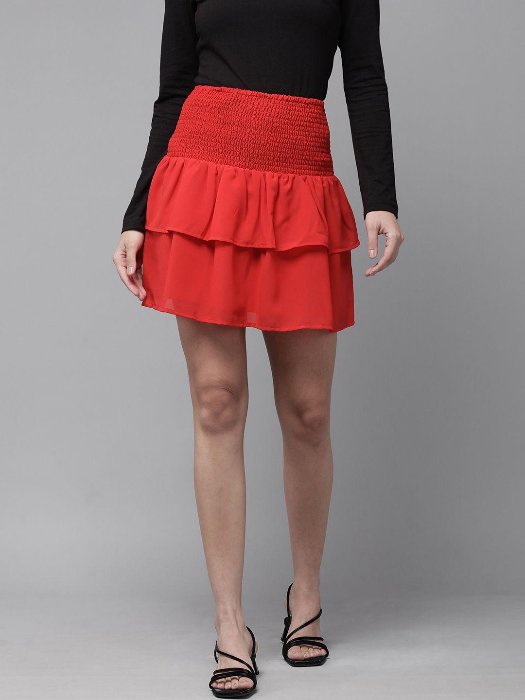 rare women red solid smoked & layered mini flared skirt