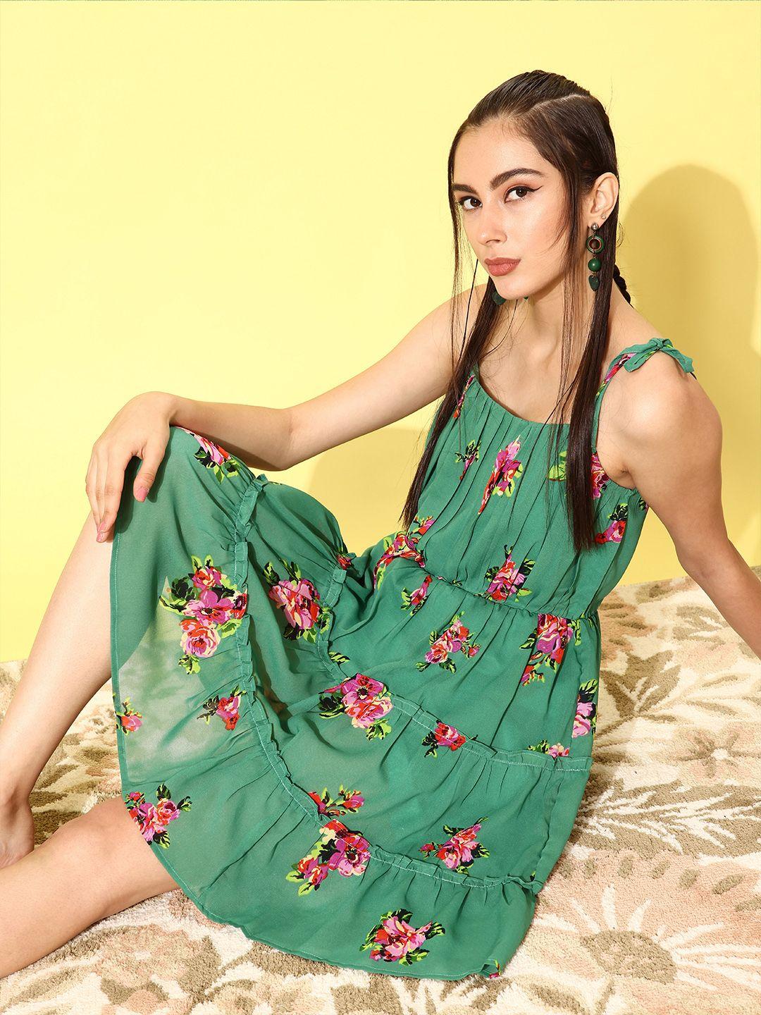 rare women stylish green floral volume play dress