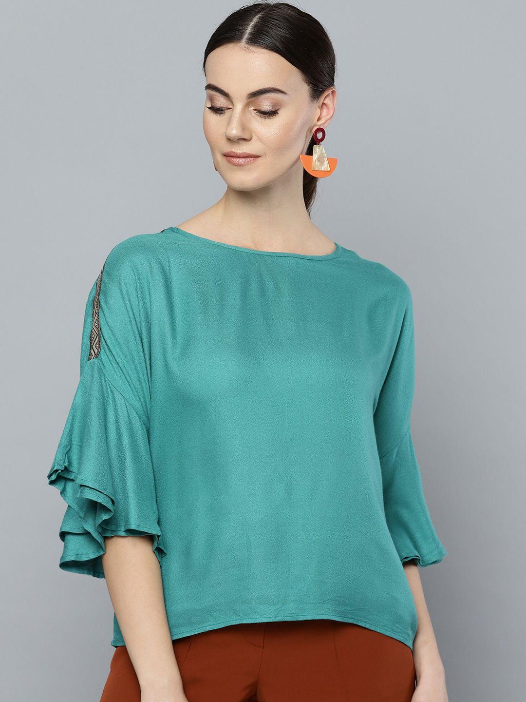 rare women teal green solid top