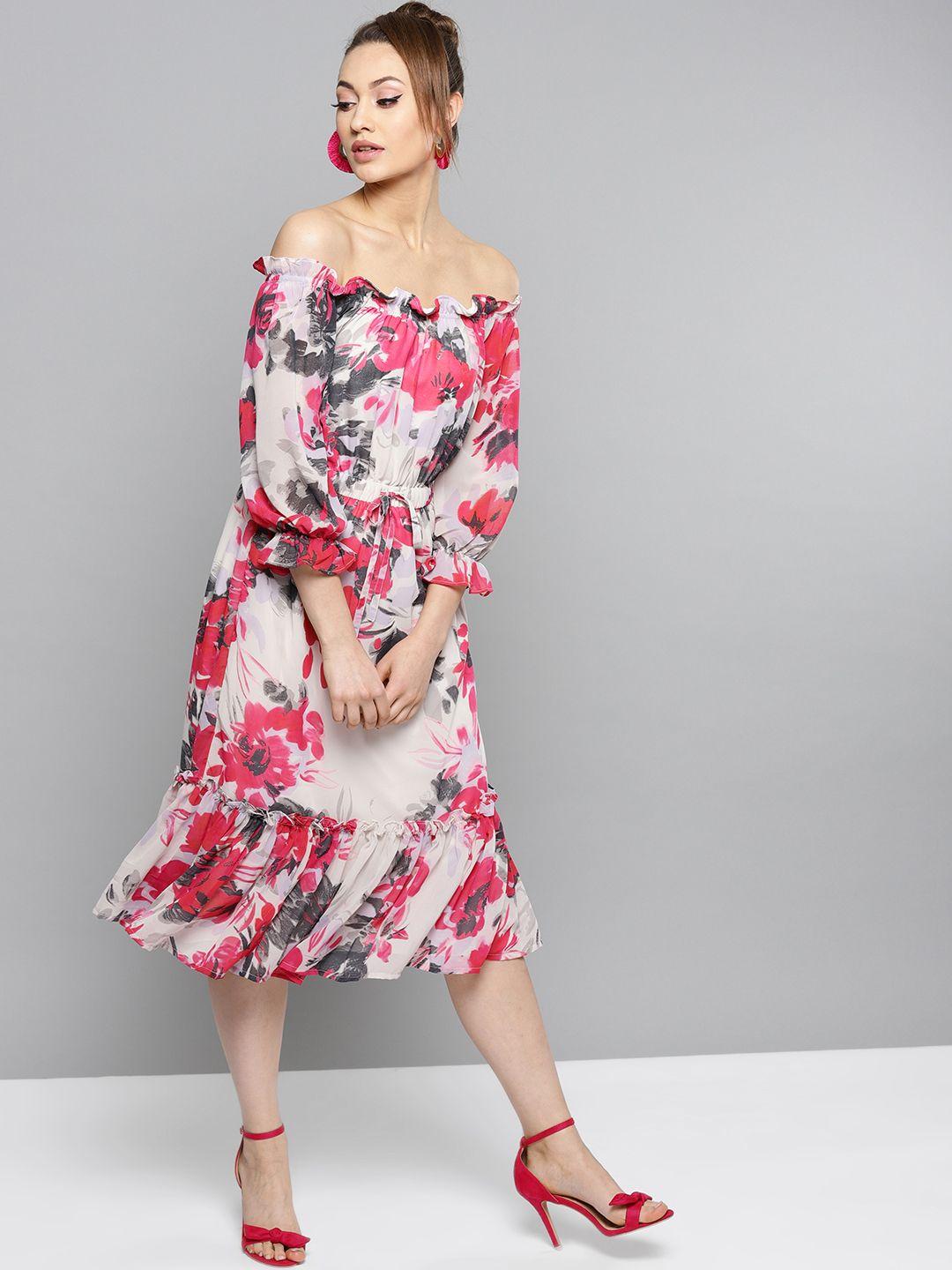 rare women white & pink printed midi a-line dress