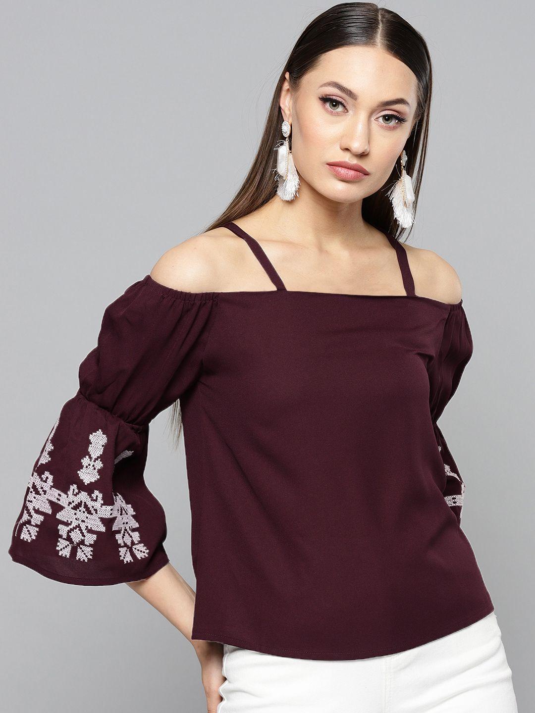 rare women wine- coloured solid bardot top