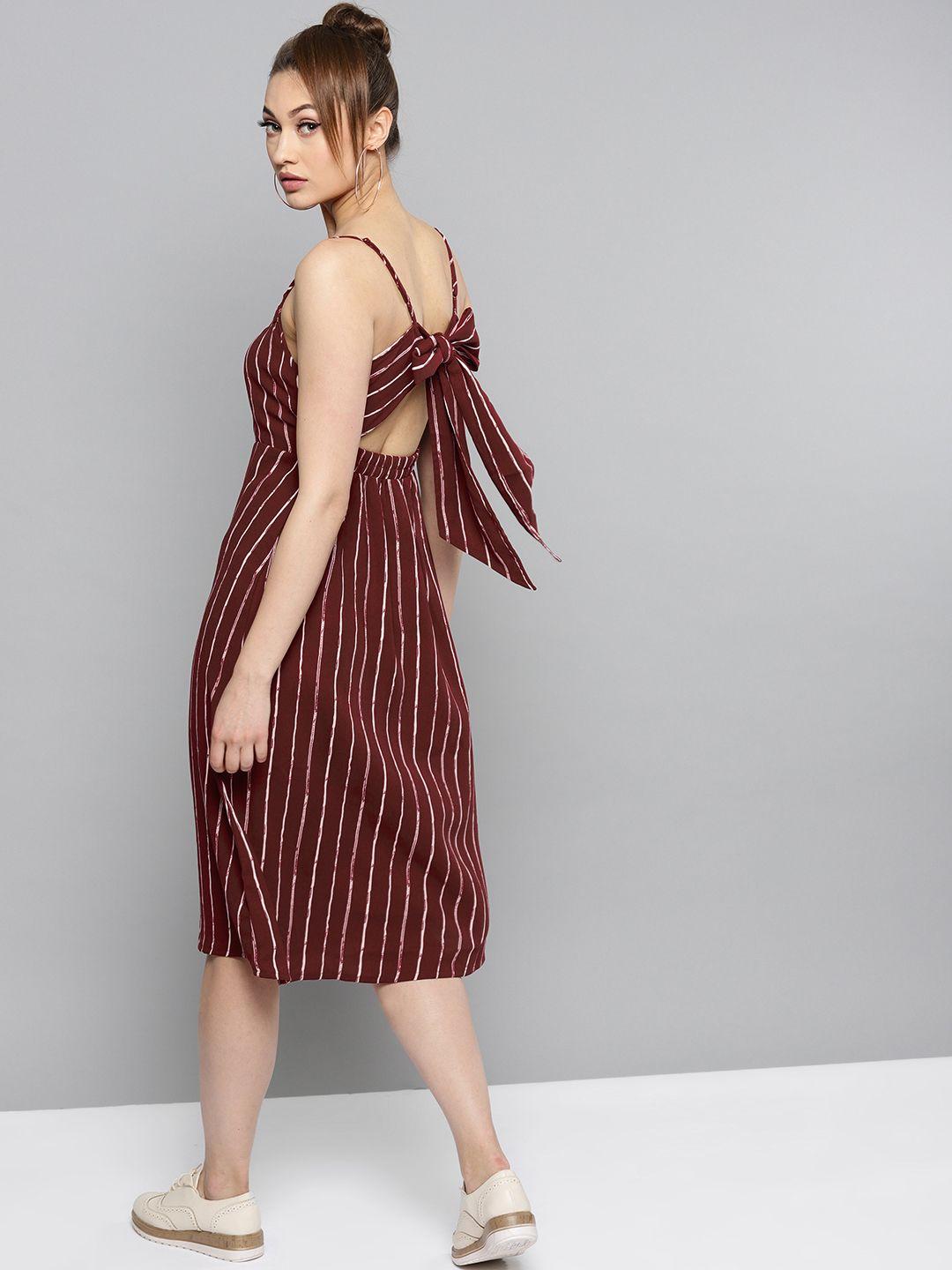 rare women wine-coloured & off-white striped midi a-line dress