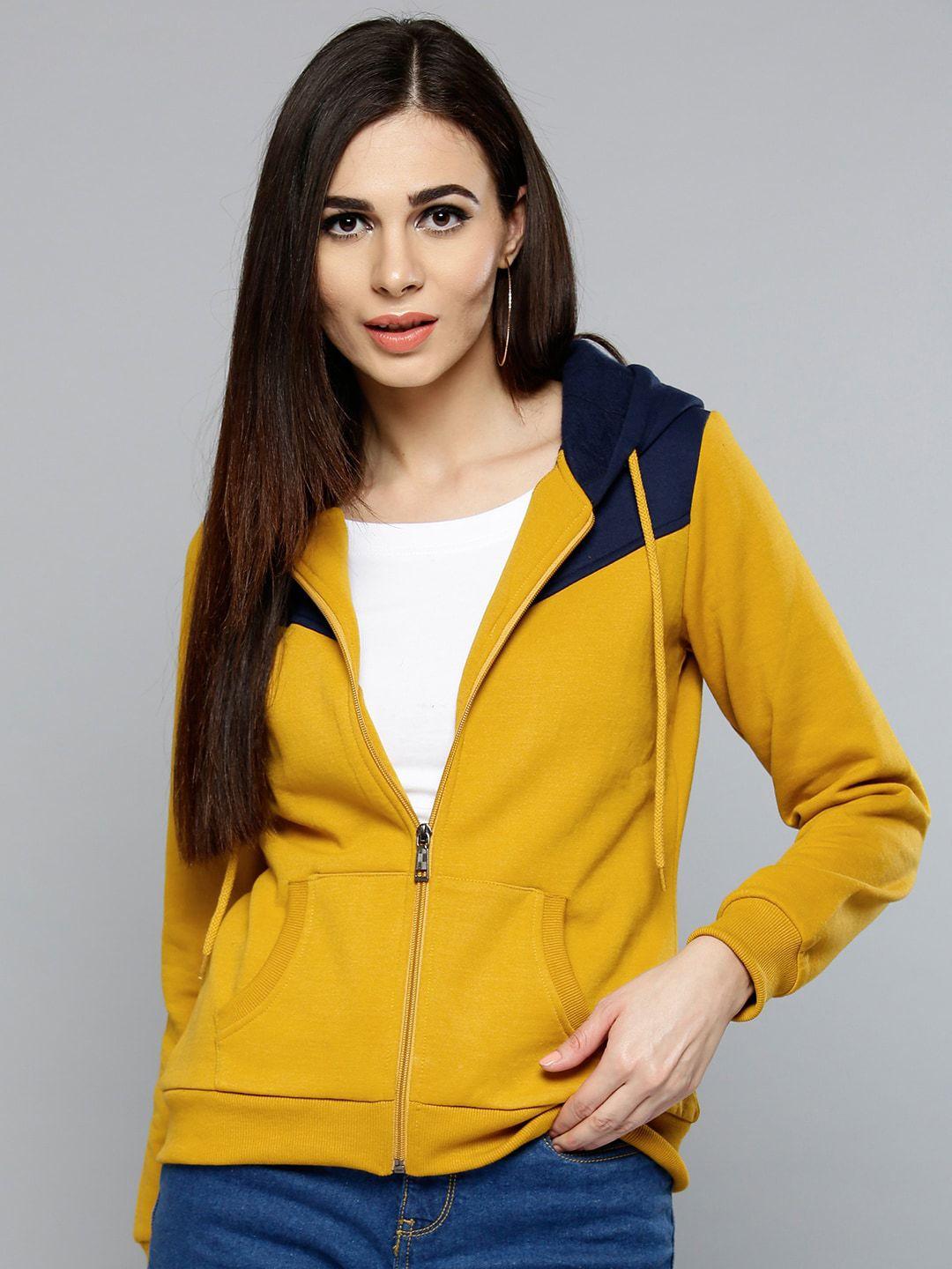 rare women yellow colourblocked hooded sweatshirt
