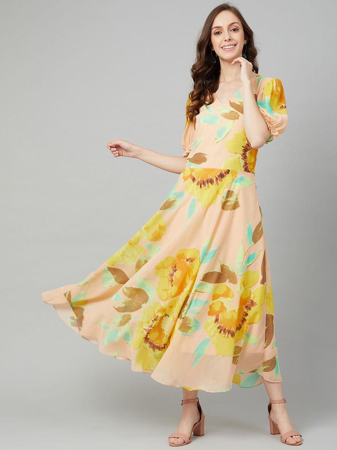 rare women yellow printed fit and flare dress