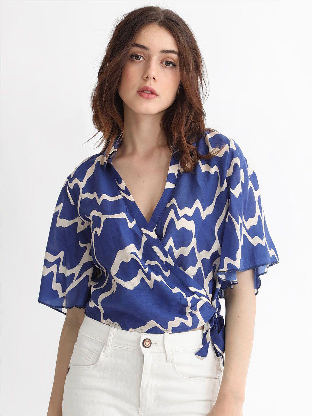 rareism abstract printed flared sleeve tie-ups cotton top