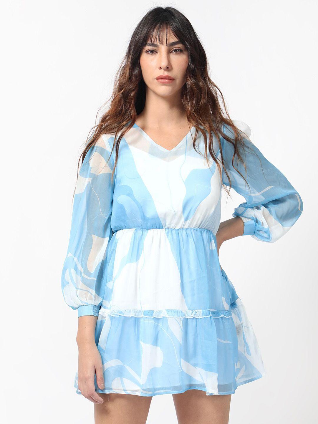 rareism blue print puff sleeve fit & flare mini dress