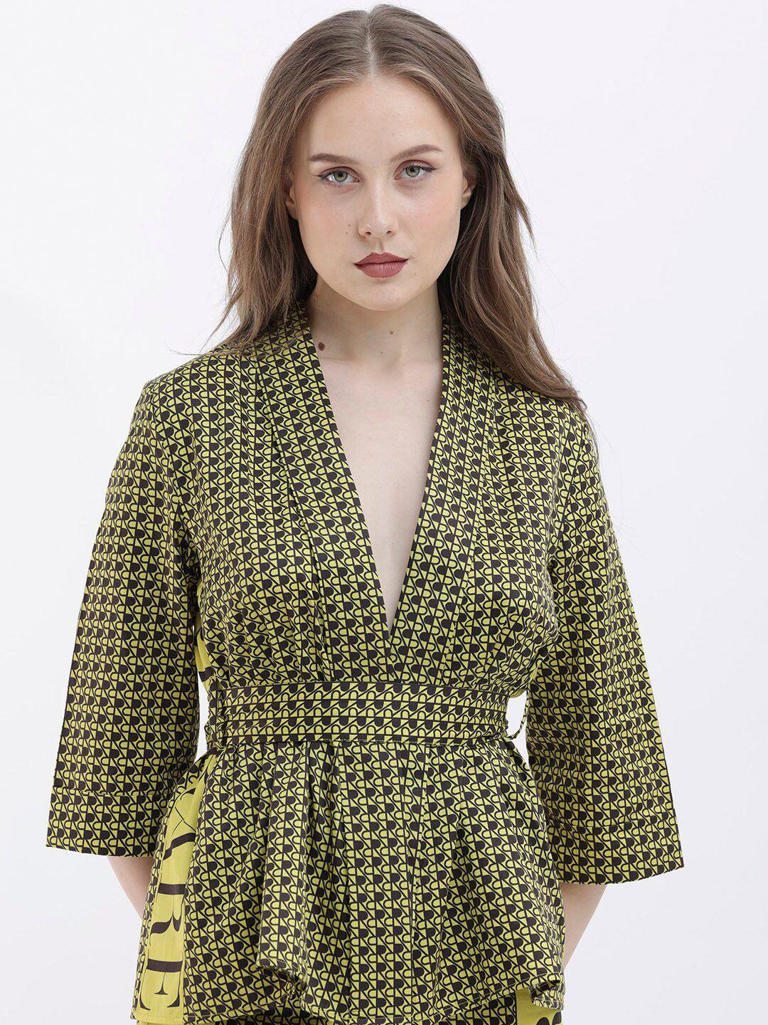 rareism geometric printed shawl collar cotton top