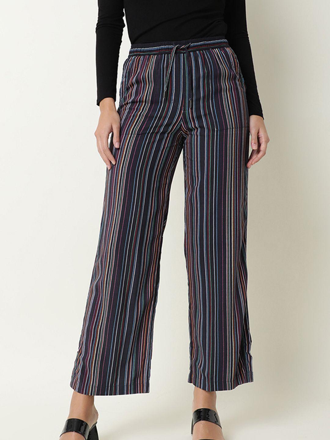 rareism women black striped tailored slim fit trousers