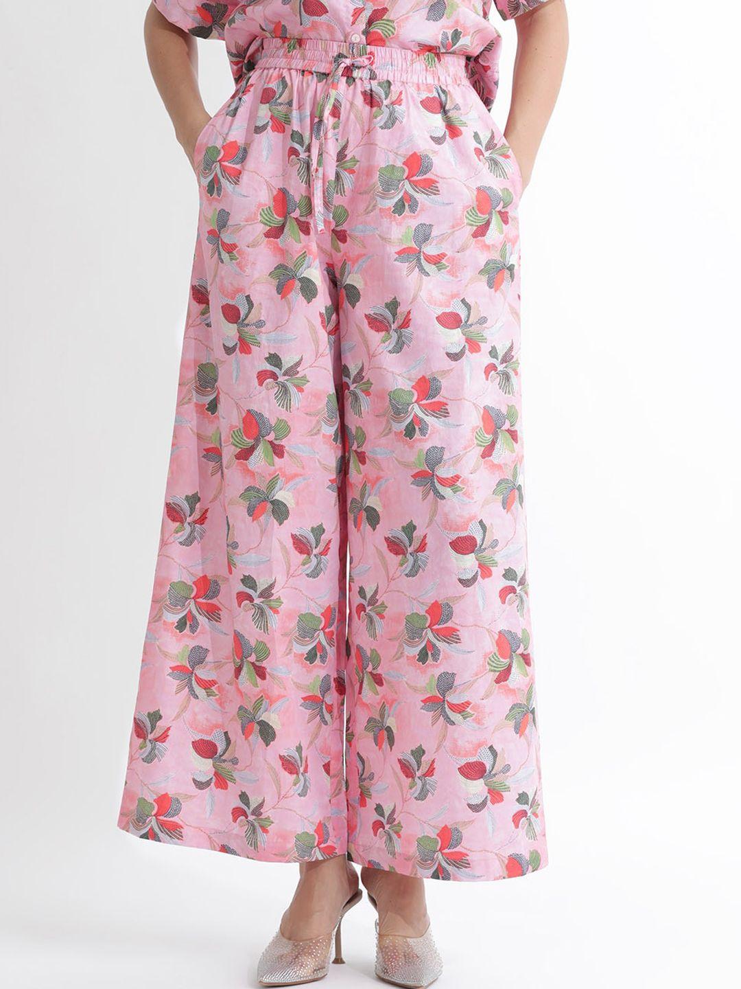 rareism women floral printed high rise cotton parallel trousers