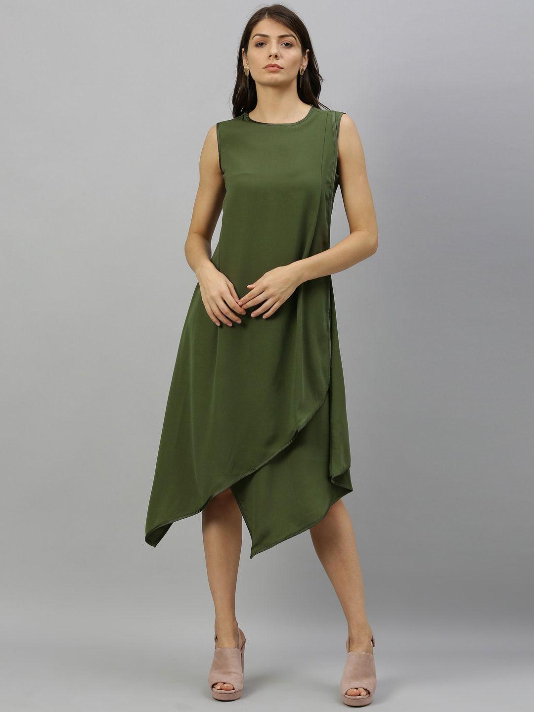 rareism women green solid a-line dress