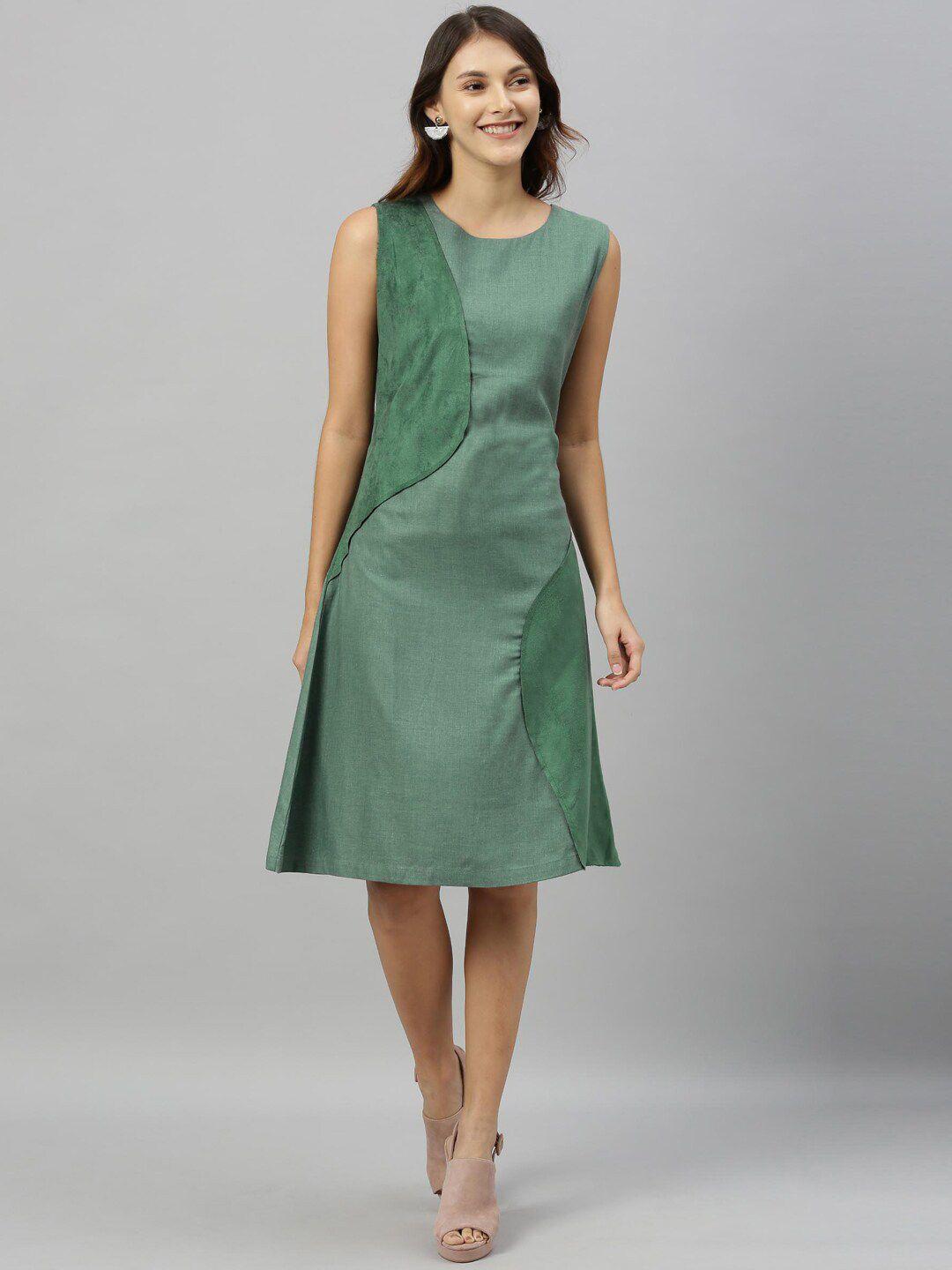 rareism women green solid a-line dress