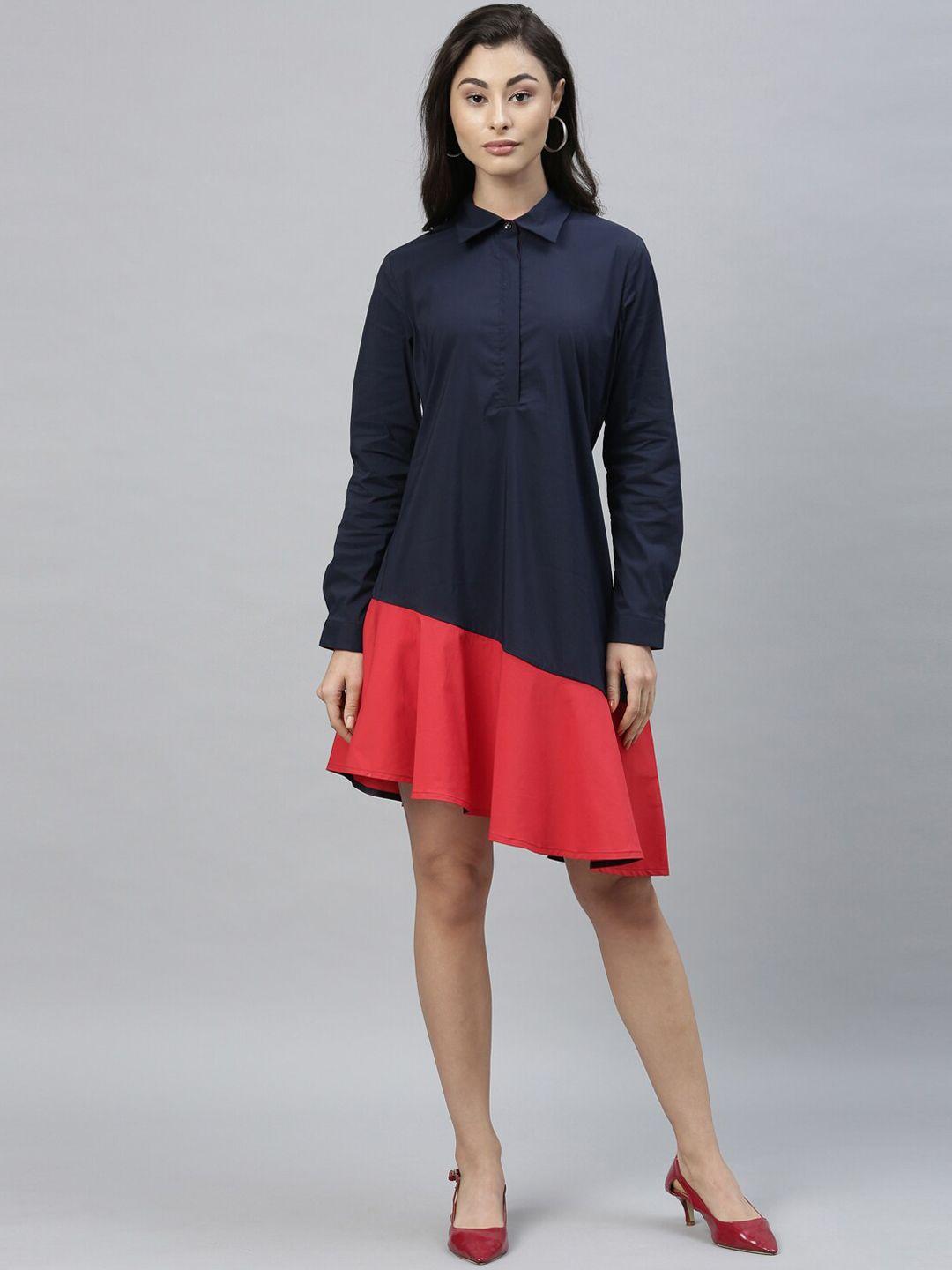 rareism women navy blue & red colourblocked shirt dress with ruffles