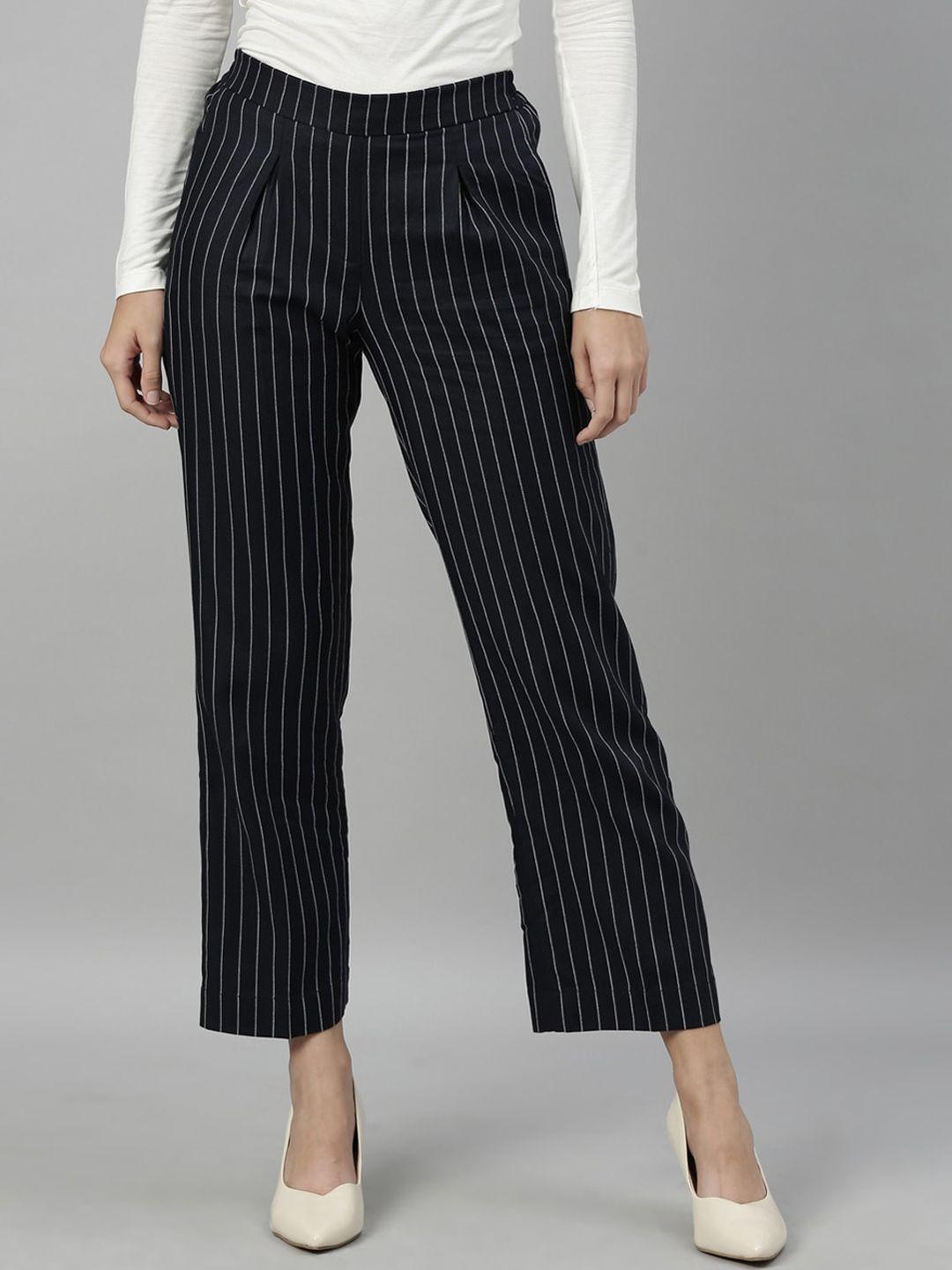rareism women navy blue & white straight fit striped regular trousers