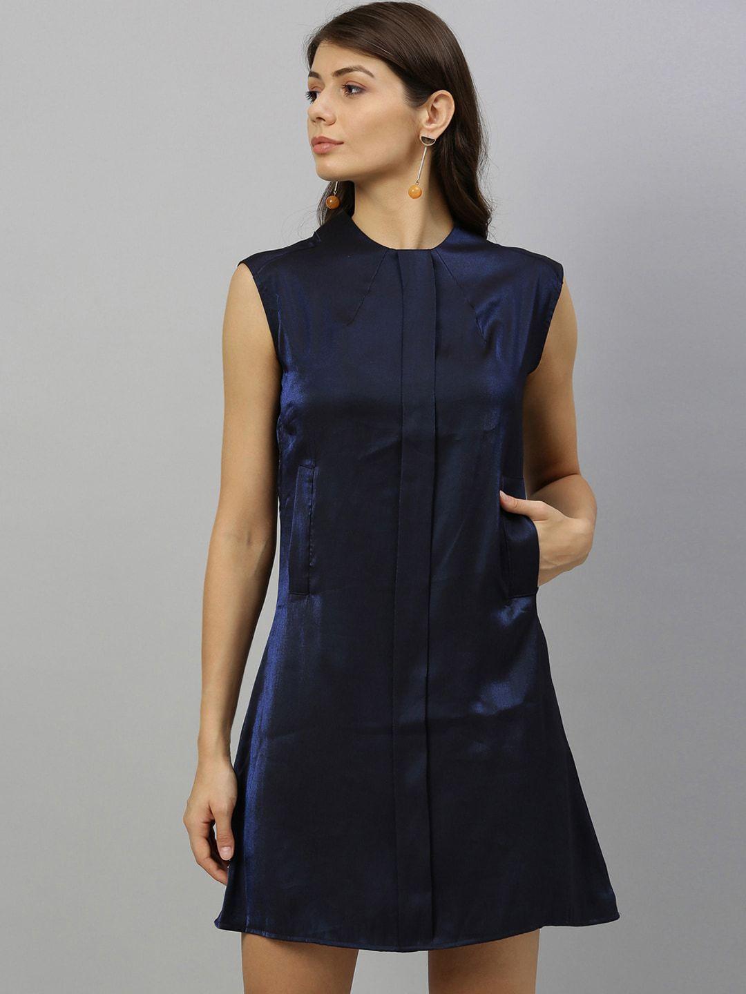 rareism women navy blue solid a-line dress