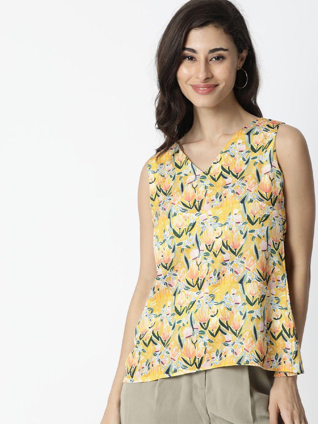 rareism yellow & green floral printed styled back a-line top