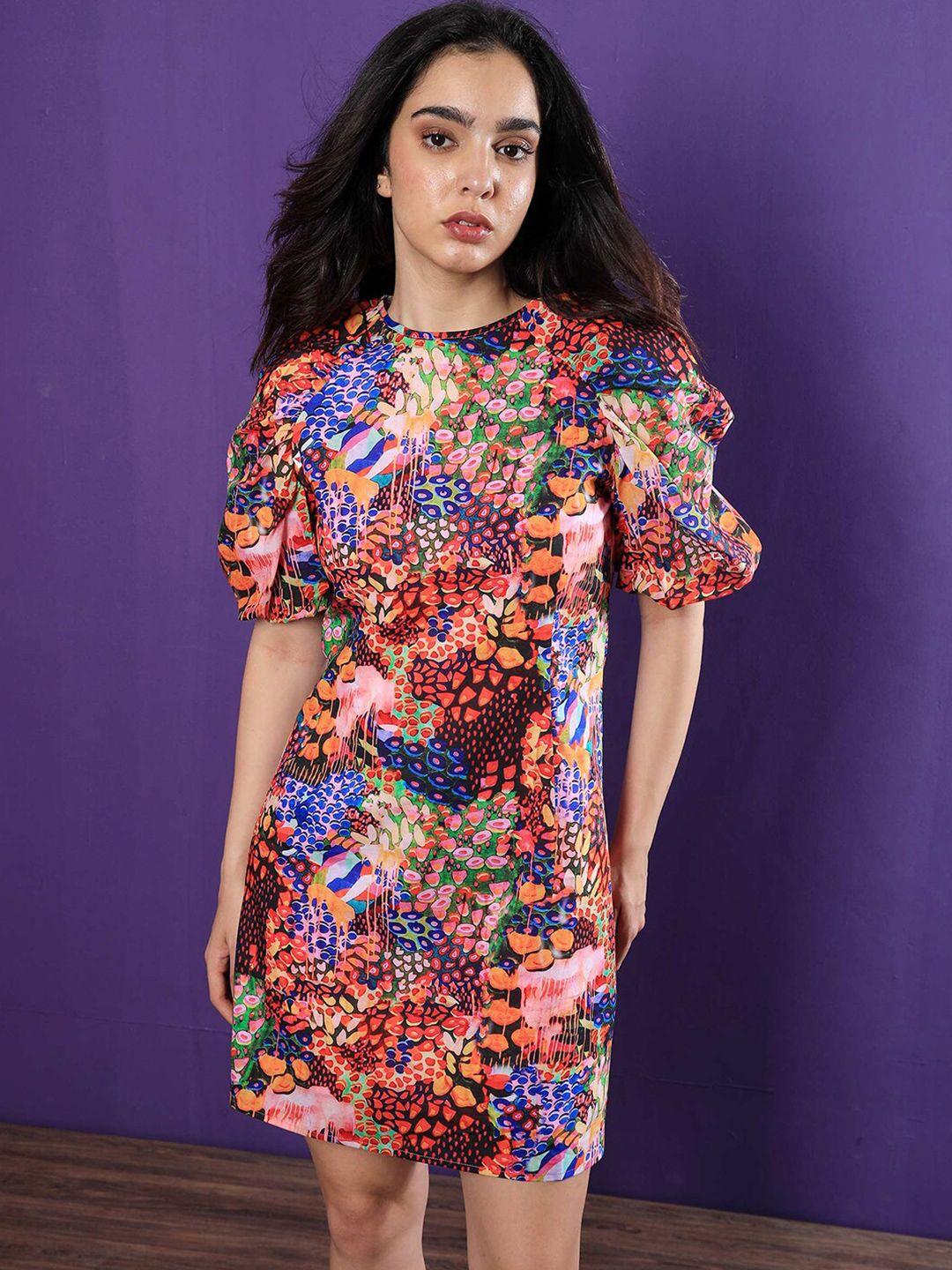 rareism abstract printed & puff sleeve a line dress