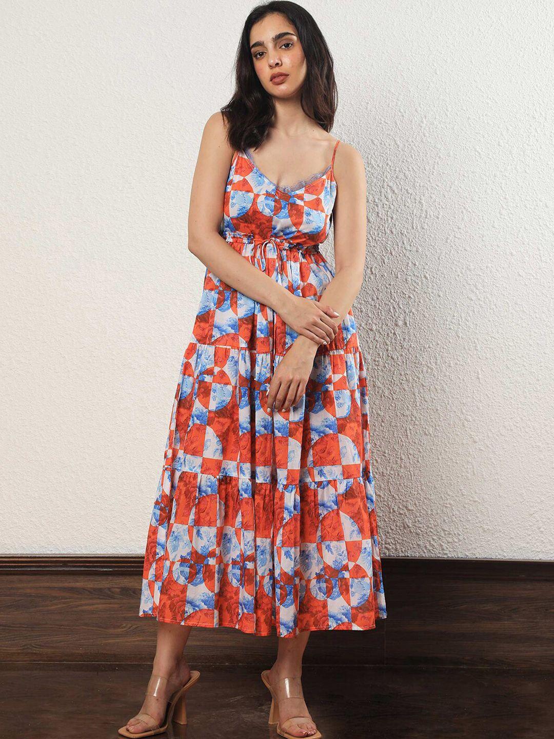 rareism abstract printed & tie up detailed cotton fit & flare tiered dress