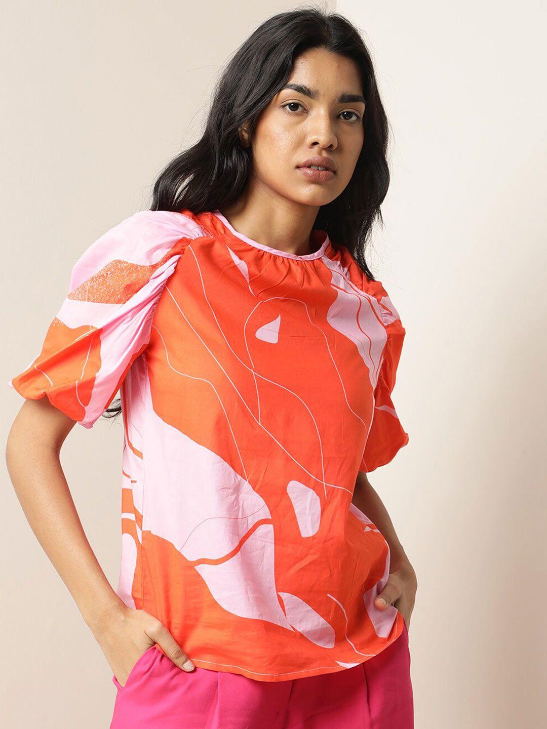 rareism abstract printed puff sleeves cotton top