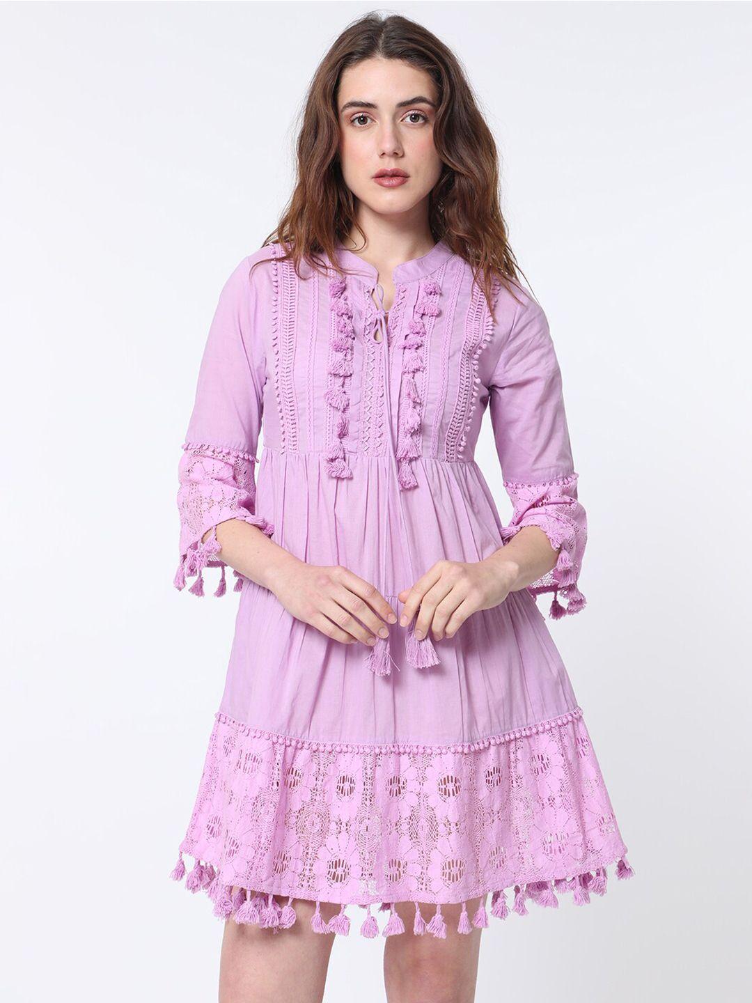 rareism band collar bell sleeve tie-up detail cotton fit & flare dress