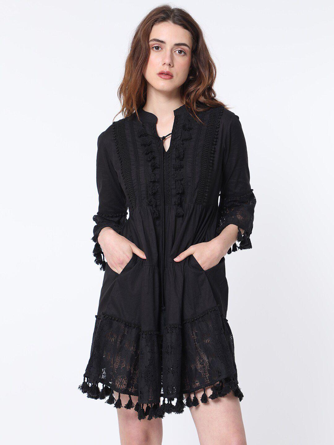 rareism band collar bell sleeve tie-up detail cotton fit & flare dress