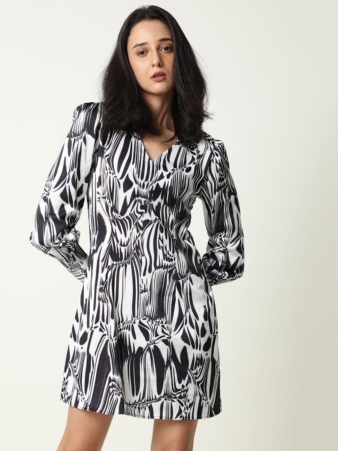 rareism black & white abstract printed a-line dress