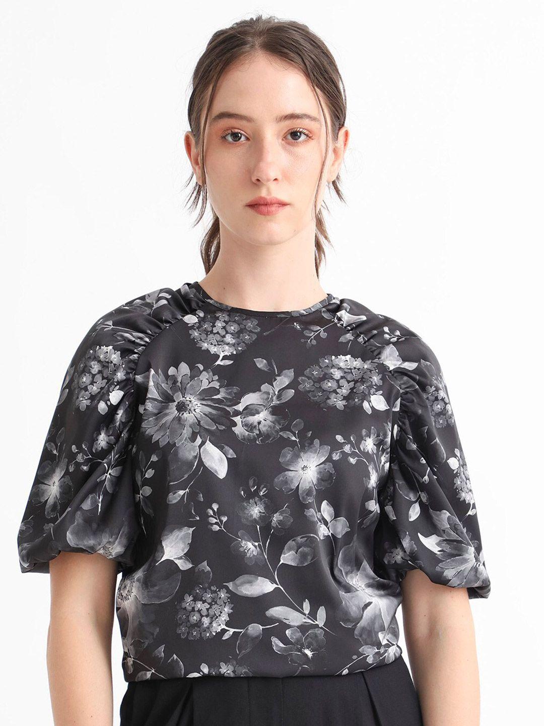 rareism black floral print keyhole neck top